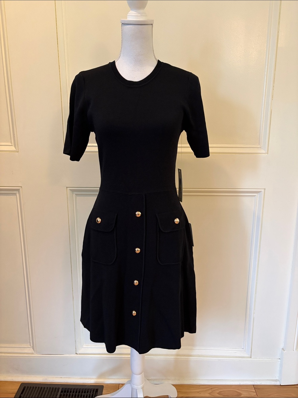 Eliza J Black Short-Sleeve Knit Mini Dress with Gold Buttons
